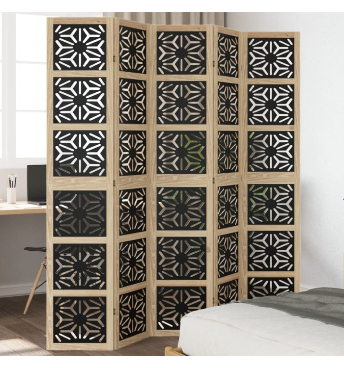 Cloison de séparation 5 panneaux marron noir paulownia massif | Mobilier & Déco