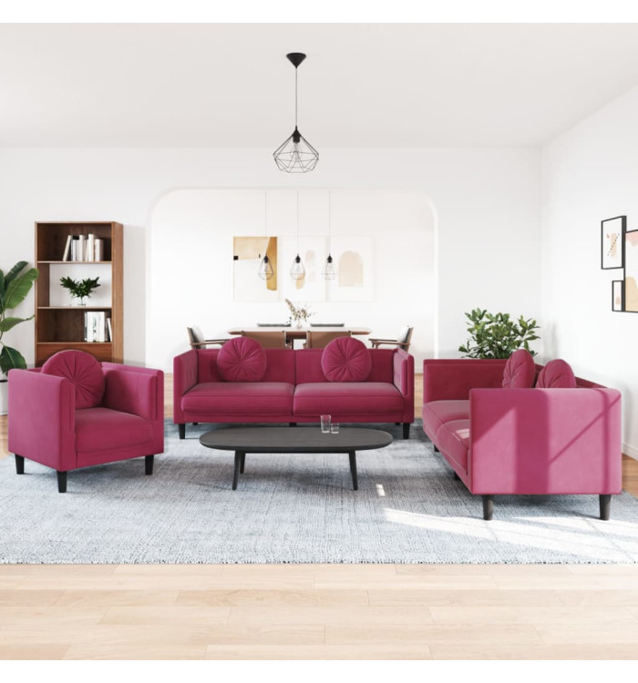 Ensemble de canapés 3 pcs avec coussins rouge bordeaux velours | Mobilier & Déco