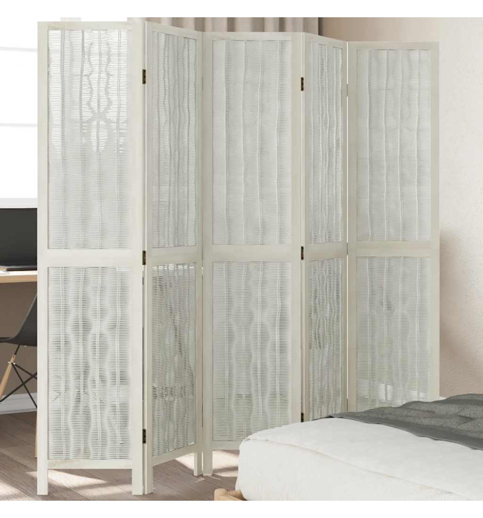 Cloison de séparation 5 panneaux blanc bois de paulownia massif | Mobilier & Déco