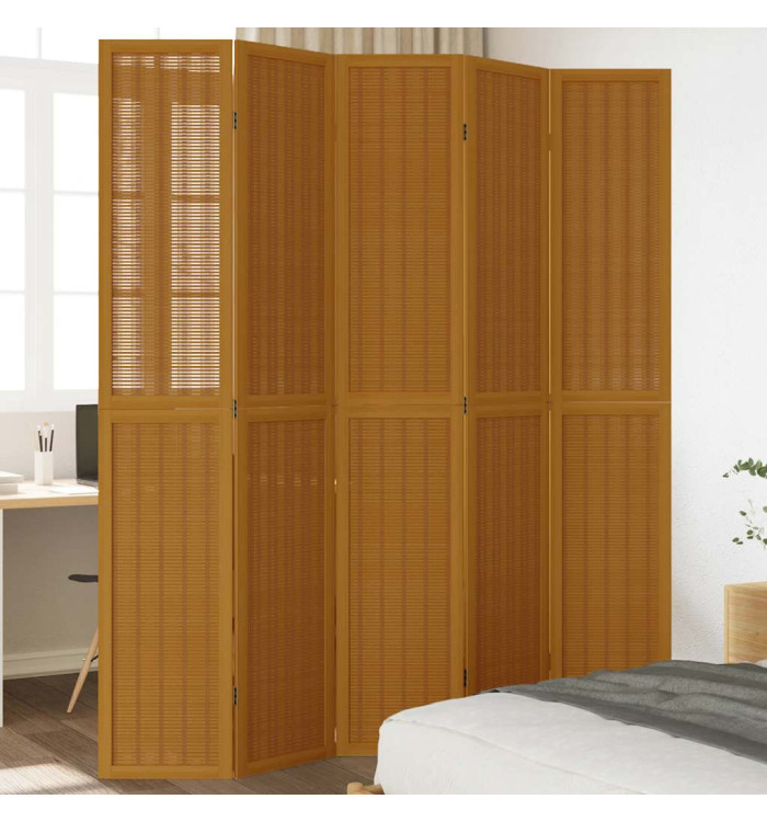 Cloison de séparation 5 panneaux marron bois paulownia massif | Mobilier & Déco