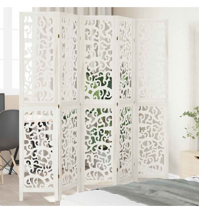 Cloison de séparation 5 panneaux blanc bois de paulownia massif | Mobilier & Déco