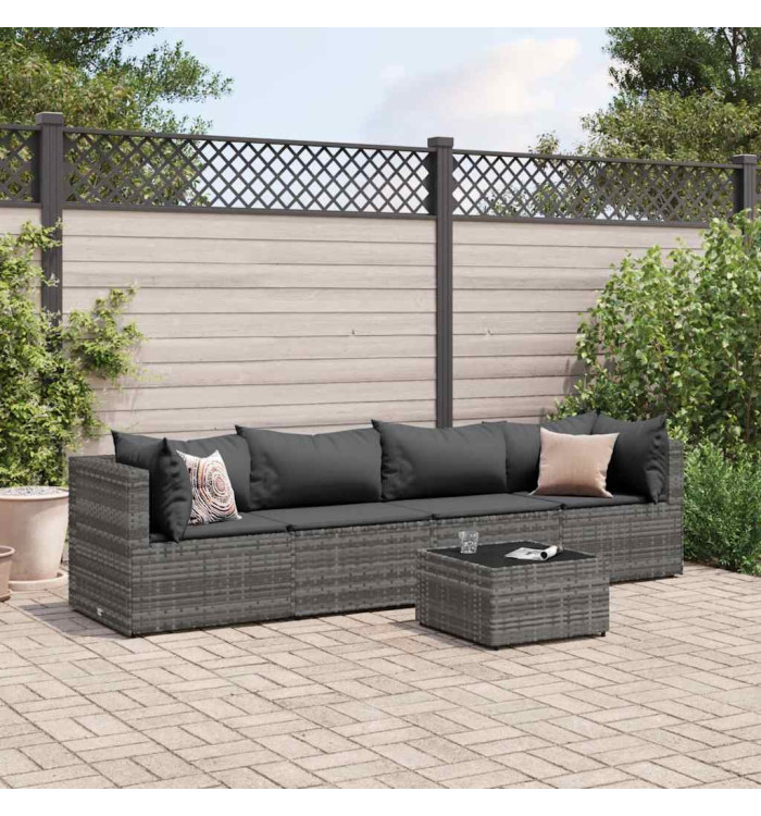 Salon de jardin 5 pcs avec coussins Gris Résine tressée | Mobilier & Déco