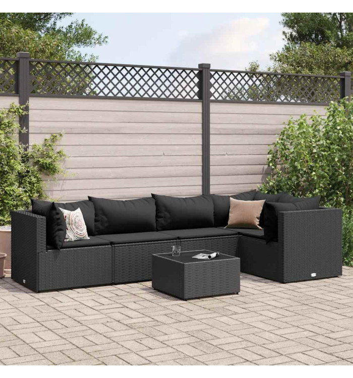 Salon de jardin 6 pcs avec coussins Noir Résine tressée | Mobilier & Déco