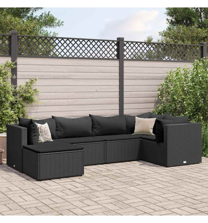 Salon de jardin 6 pcs avec coussins Noir Résine tressée | Mobilier & Déco