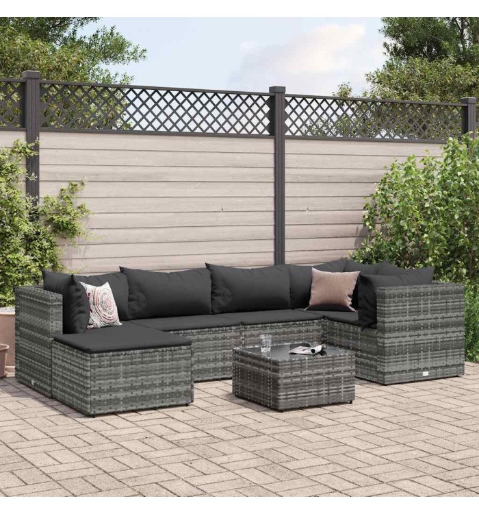 Salon de jardin 7 pcs avec coussins Gris Résine tressée | Mobilier & Déco