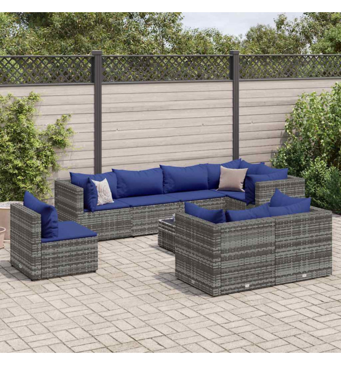 Salon de jardin 9 pcs avec coussins Gris Résine tressée | Mobilier & Déco