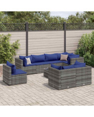 Salon de jardin 9 pcs avec coussins Gris Résine tressée | Mobilier & Déco