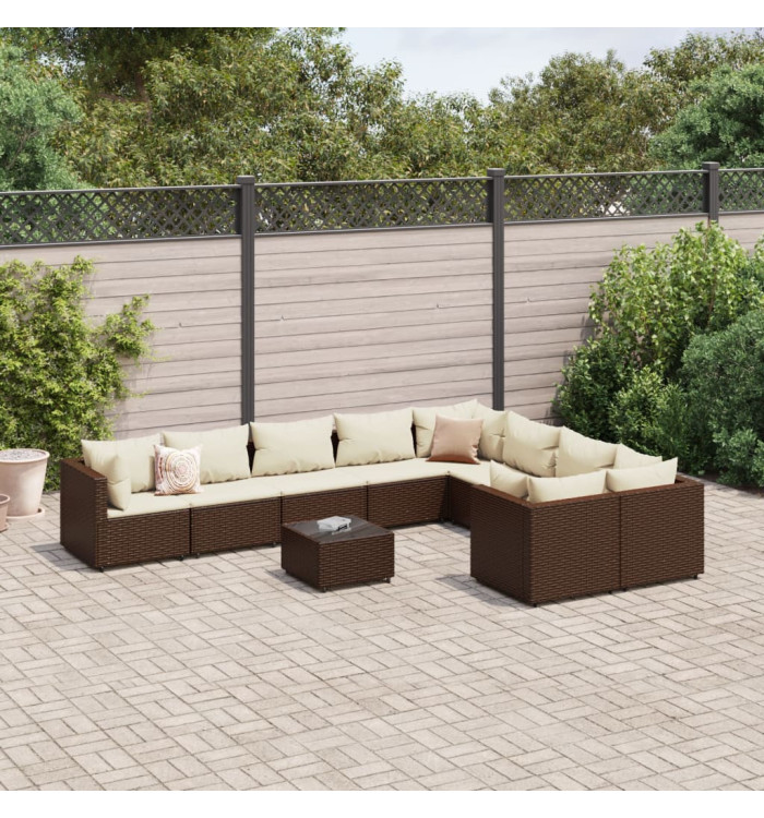 Salon de jardin 10 pcs avec coussins marron résine tressée | Mobilier & Déco