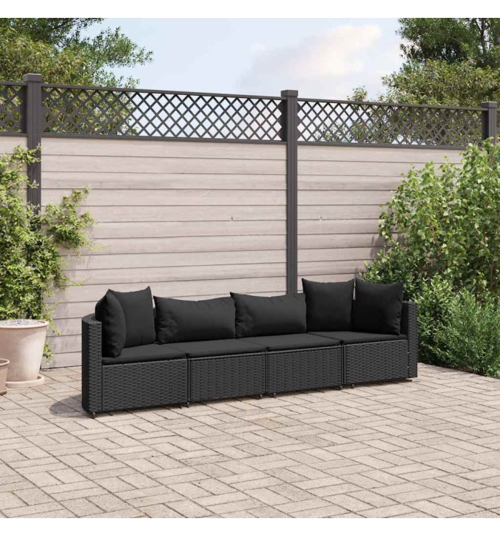 Salon de jardin 4 pcs avec coussins noir résine tressée | Mobilier & Déco
