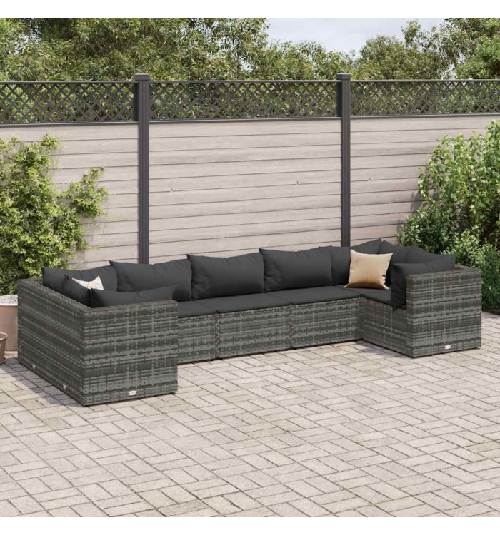 Salon de jardin 7 pcs avec coussins Gris Résine tressée | Mobilier & Déco