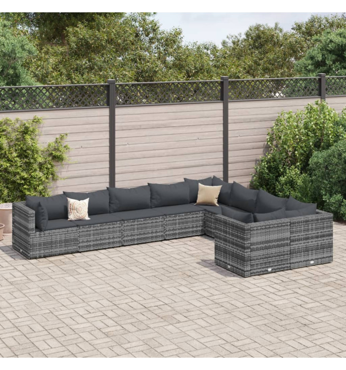 Salon de jardin 9 pcs avec coussins gris résine tressée | Mobilier & Déco