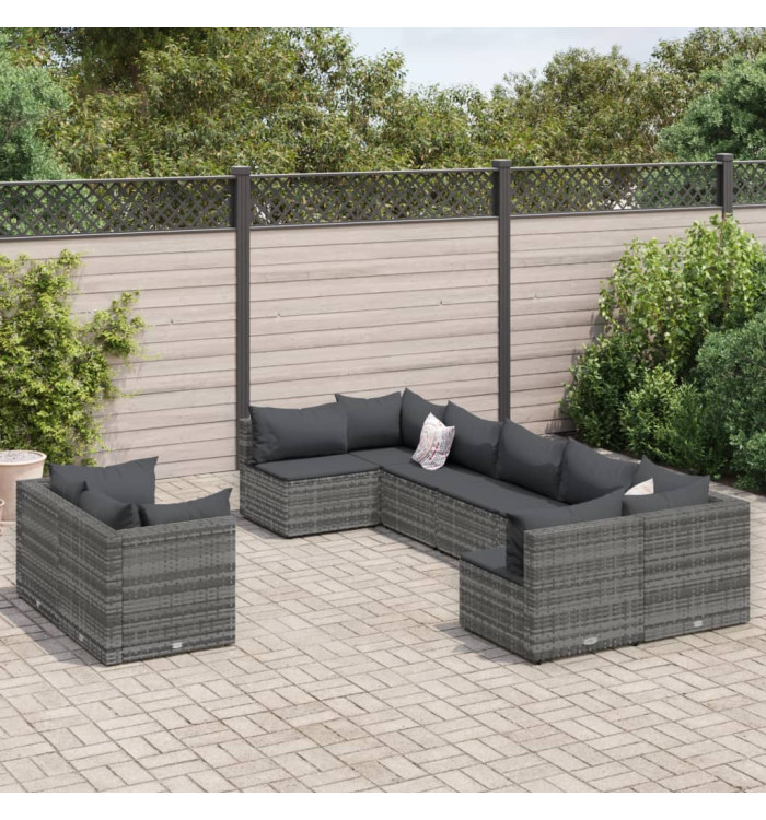 Salon de jardin 9 pcs avec coussins gris résine tressée | Mobilier & Déco