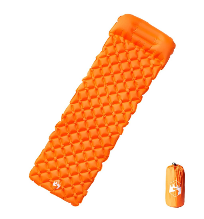 Matelas de camping gonflable avec oreiller 1 personne orange | Mobilier & Déco