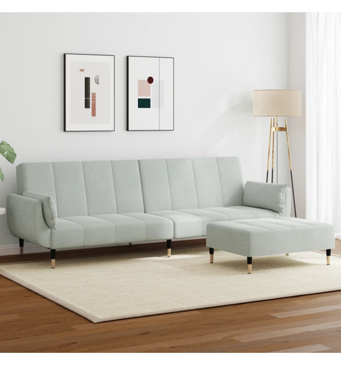 Canapé-lit à 2 places avec repose-pied gris clair velours | Mobilier & Déco