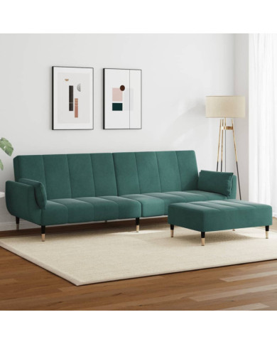Canapé-lit à 2 places avec repose-pied vert foncé velours | Mobilier & Déco