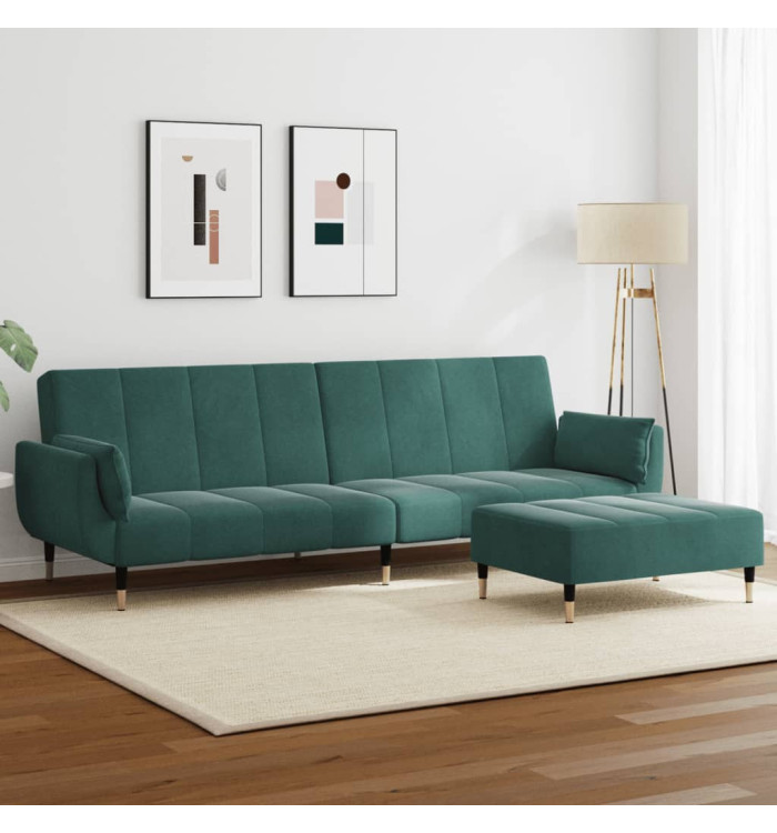 Canapé-lit à 2 places avec repose-pied vert foncé velours | Mobilier & Déco