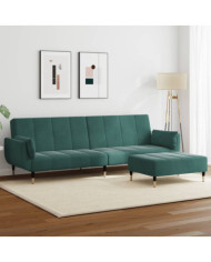 Canapé-lit à 2 places avec repose-pied vert foncé velours | Mobilier & Déco
