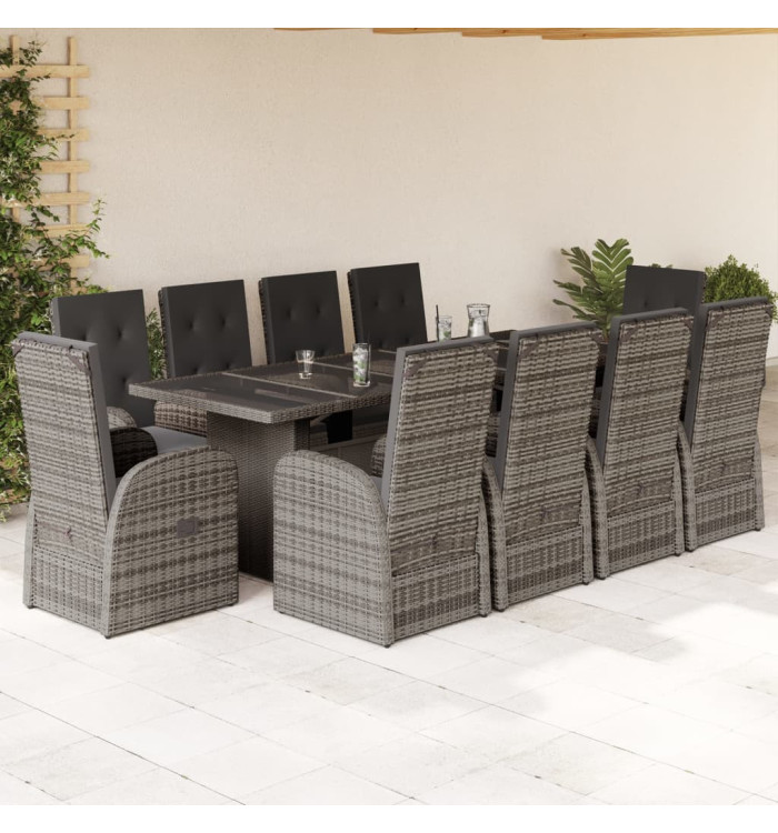 Ensemble à manger de jardin 11pcs avec coussins gris poly rotin | Mobilier & Déco