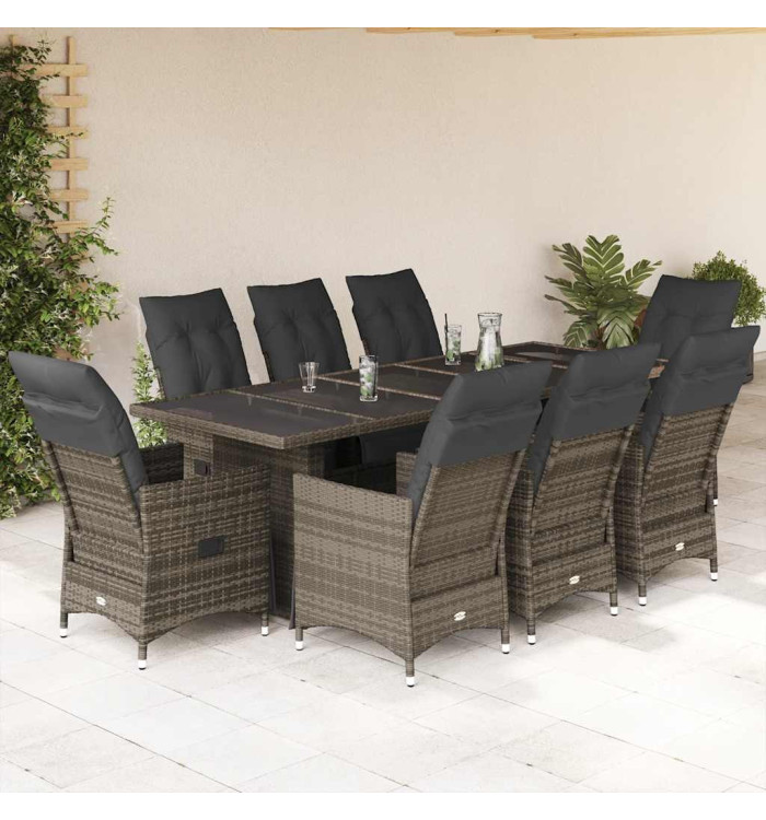 Ensemble de bistro de jardin 9 pcs coussins gris poly rotin | Mobilier & Déco
