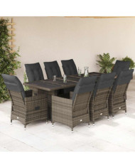 Ensemble de bistro de jardin 9 pcs coussins gris poly rotin | Mobilier & Déco