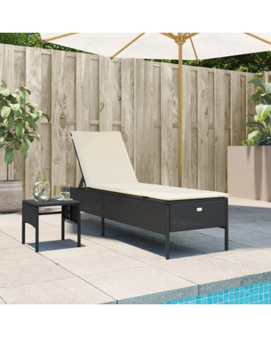 Chaise longue avec table et coussin noir résine tressée | Mobilier & Déco