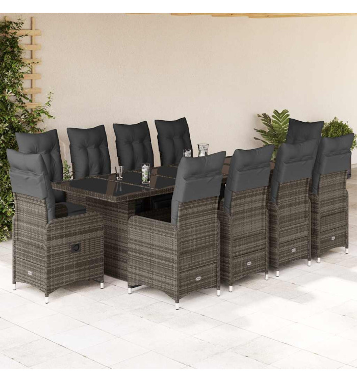 Ensemble de bistro de jardin 11 pcs coussins gris poly rotin | Mobilier & Déco