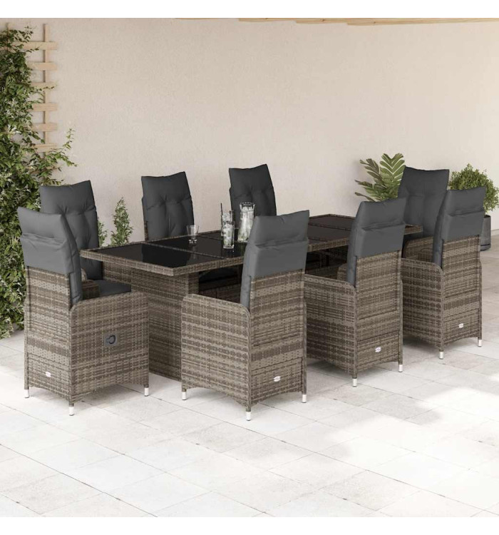 Ensemble de bistro de jardin 9 pcs coussins gris poly rotin | Mobilier & Déco