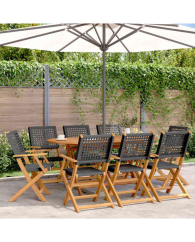 Chaises de jardin pliantes lot de 8 noir poly rotin bois massif | Mobilier & Déco