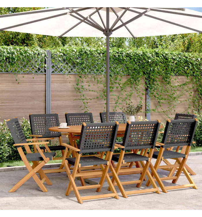 Chaises de jardin pliantes lot de 8 noir poly rotin bois massif | Mobilier & Déco