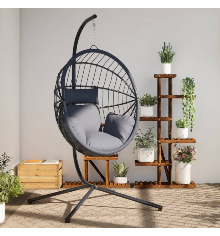Chaise suspendue en forme d'œuf et support gris rotin et acier | Mobilier & Déco