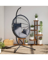Chaise suspendue en forme d'œuf et support gris rotin et acier | Mobilier & Déco