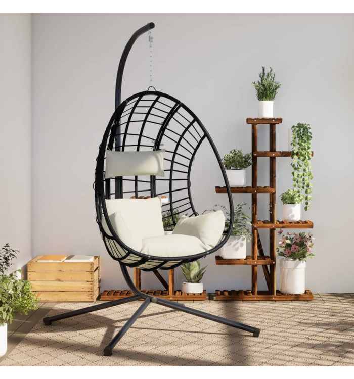 Chaise suspendue en forme d'œuf et support beige rotin et acier | Mobilier & Déco