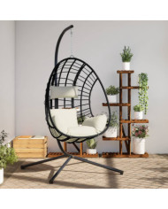 Chaise suspendue en forme d'œuf et support beige rotin et acier | Mobilier & Déco