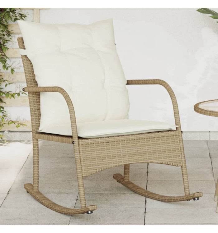 Chaise à bascule de jardin avec coussins beige résine tressée | Mobilier & Déco
