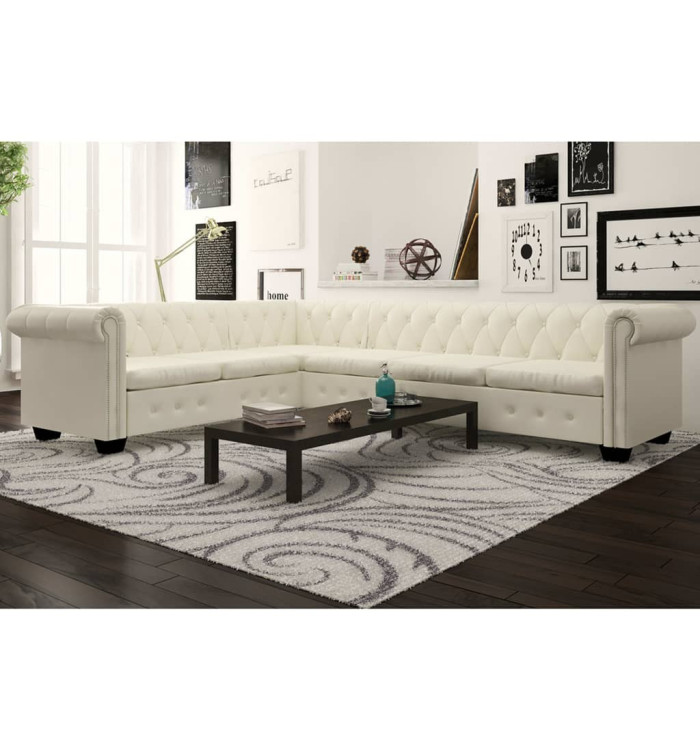 Canapé d'angle Chesterfield 6 places blanc similicuir | Mobilier & Déco