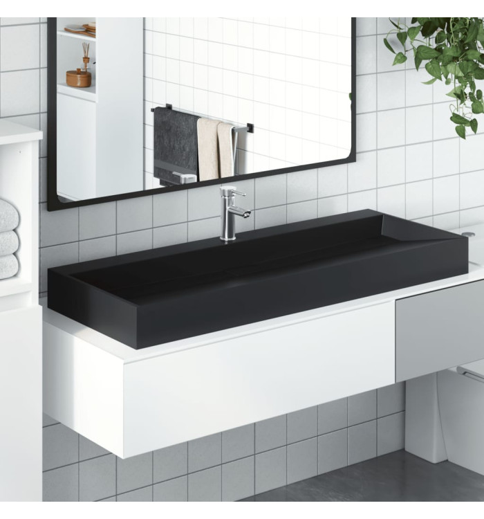 Vasque 120x46x11 cm fonte minérale/marbre noir mat | Mobilier & Déco