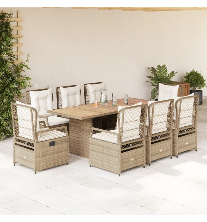 Ensemble à manger de jardin et coussins 9 pcs beige Poly rotin | Mobilier & Déco
