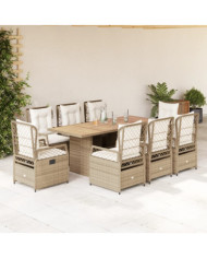 Ensemble à manger de jardin et coussins 9 pcs beige Poly rotin | Mobilier & Déco