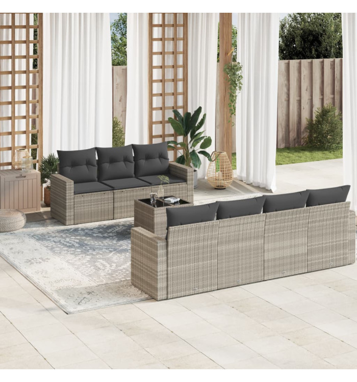 Salon de jardin 8 pcs avec coussins gris clair résine tressée | Mobilier & Déco
