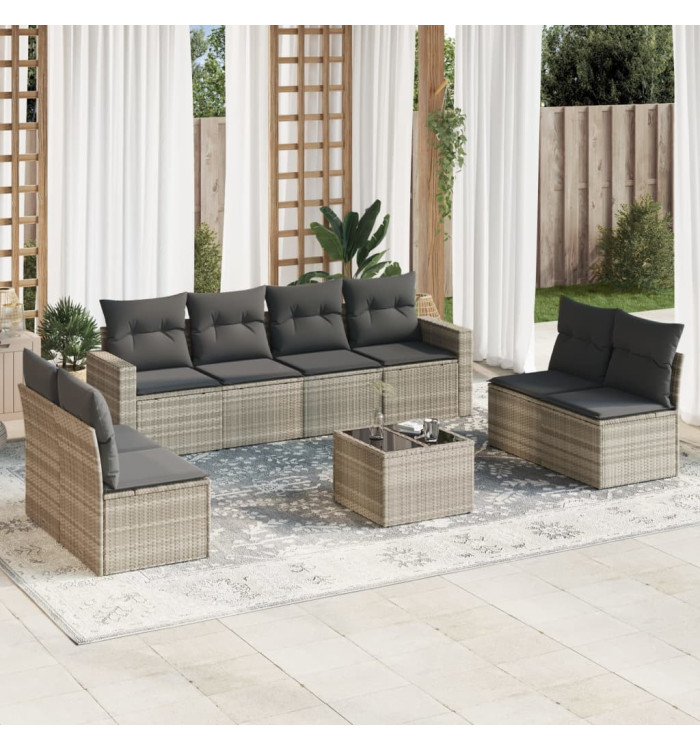 Salon de jardin 9 pcs avec coussins gris clair résine tressée | Mobilier & Déco