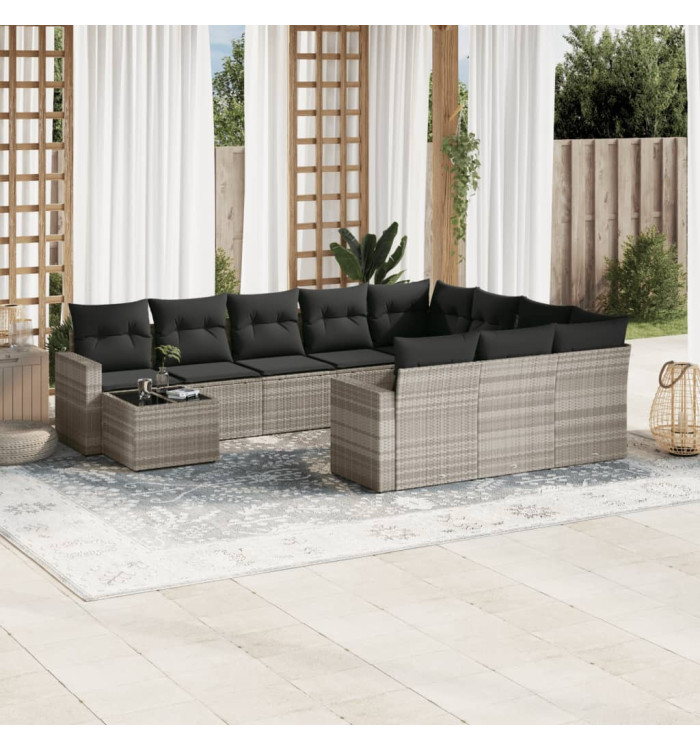 Salon de jardin 11 pcs avec coussins gris clair résine tressée | Mobilier & Déco