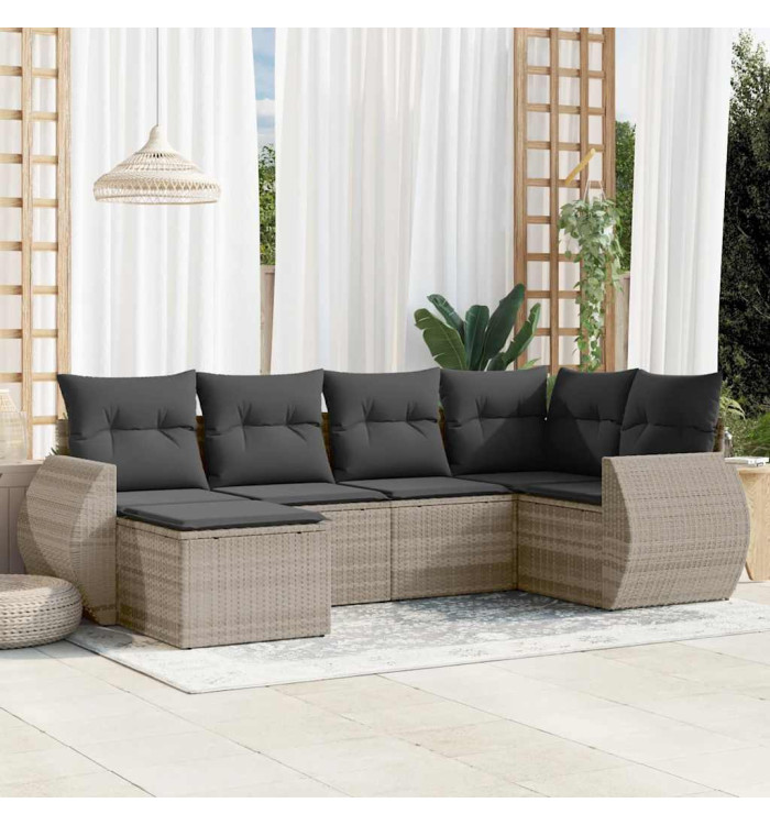 Salon de jardin 6 pcs avec coussins gris clair résine tressée | Mobilier & Déco