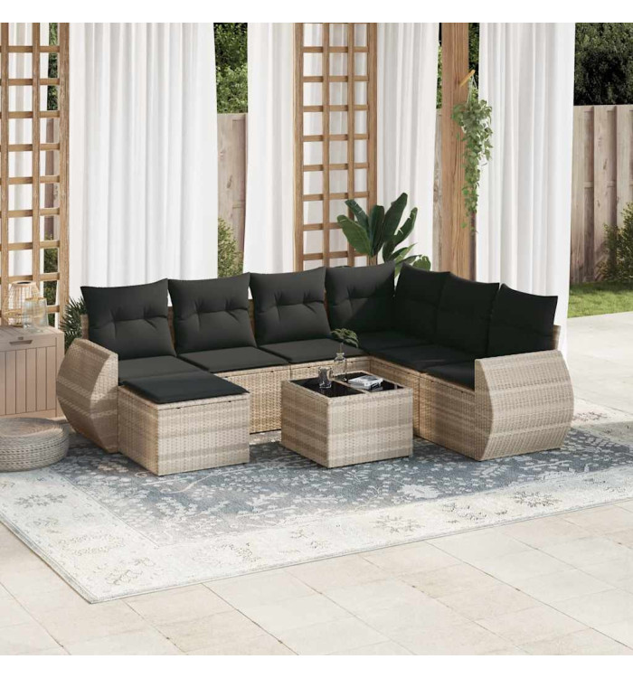 Salon de jardin 8 pcs avec coussins gris clair résine tressée | Mobilier & Déco
