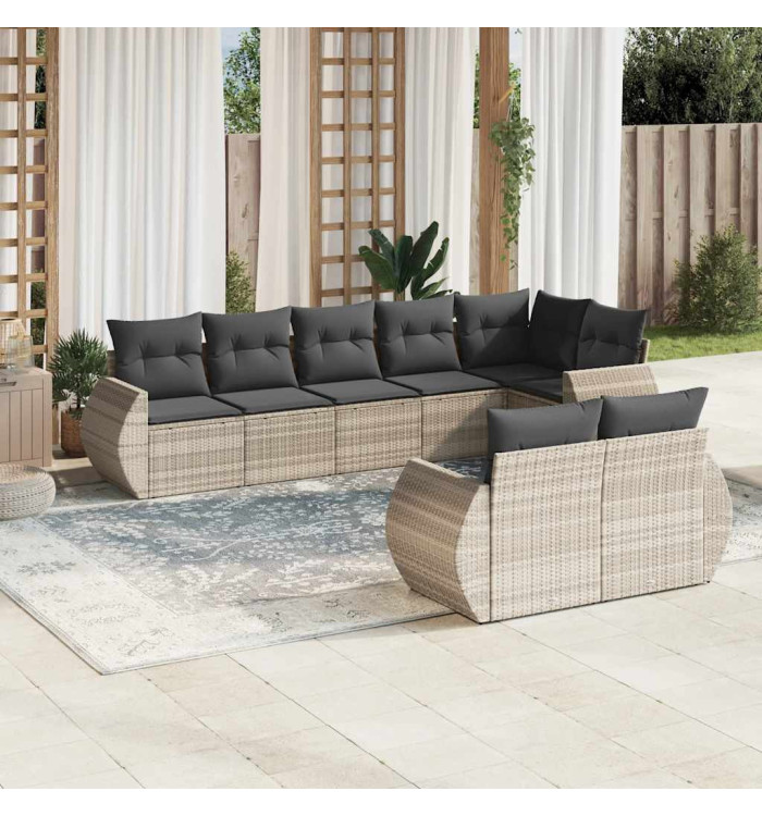 Salon de jardin 8 pcs avec coussins gris clair résine tressée | Mobilier & Déco