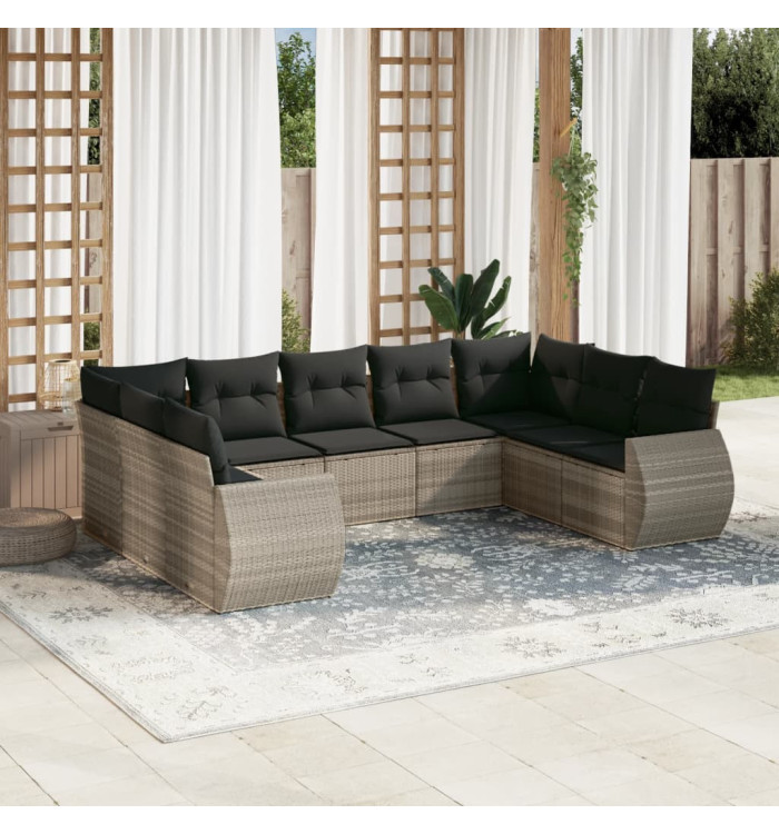 Salon de jardin 9 pcs avec coussins gris clair résine tressée | Mobilier & Déco