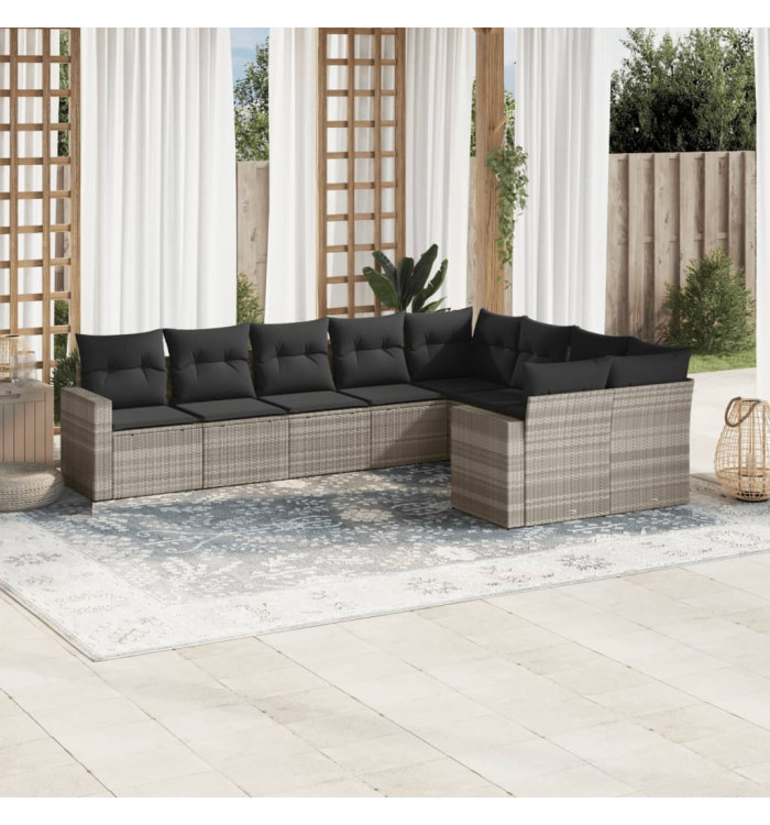 Salon de jardin 9 pcs avec coussins gris clair résine tressée | Mobilier & Déco