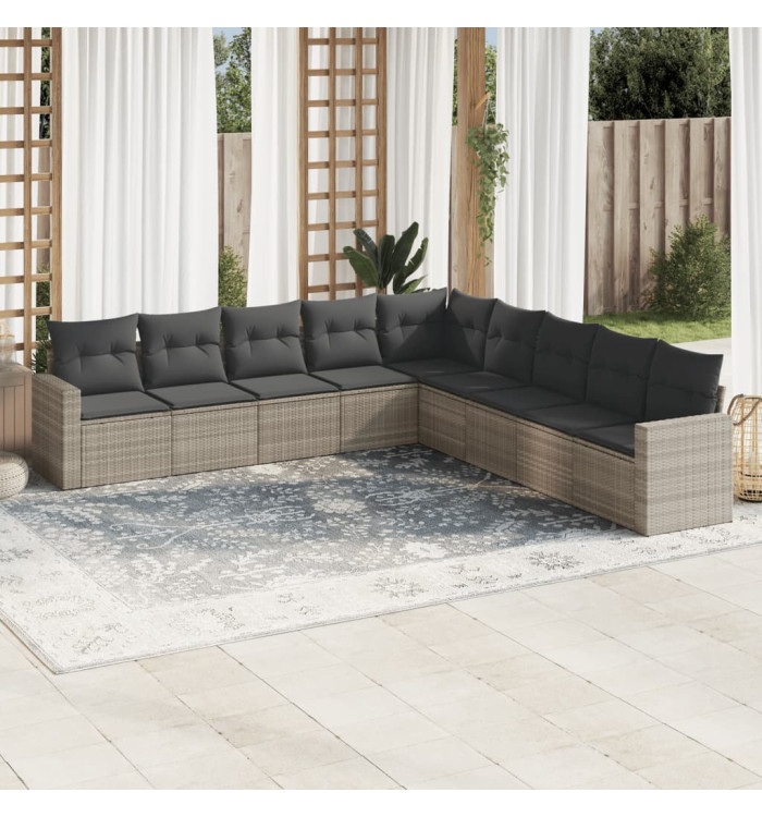 Salon de jardin 9 pcs avec coussins gris clair résine tressée | Mobilier & Déco