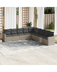 Salon de jardin 9 pcs avec coussins gris clair résine tressée | Mobilier & Déco