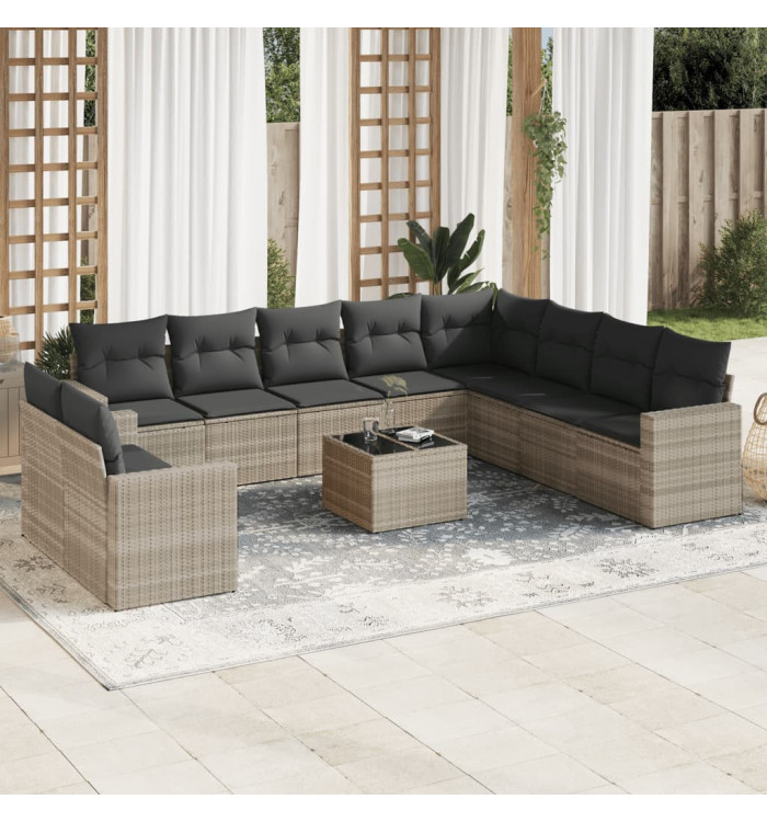 Salon de jardin 11 pcs avec coussins gris clair résine tressée | Mobilier & Déco