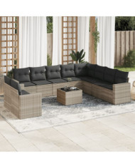 Salon de jardin 11 pcs avec coussins gris clair résine tressée | Mobilier & Déco